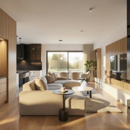 NOVA PRACOWNIA PROJEKTOWA KAROLINA PANFIL-KWIATKOWSKA, ARCHITEKT - Jasne, przestronne wnętrze z drewnianymi akcentami: kuchnia z wyspą, salon z narożnikiem i kominkiem. Duże okno z widokiem na zieleń. Nowoczesny design.