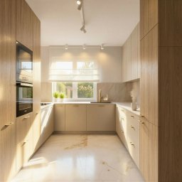 NOVA PRACOWNIA PROJEKTOWA KAROLINA PANFIL-KWIATKOWSKA, ARCHITEKT - Jasna kuchnia w kształcie litery U z drewnianymi szafkami, marmurowym blatem i podłogą. Okno z widokiem na zieleń. Minimalistyczne oświetlenie punktowe.