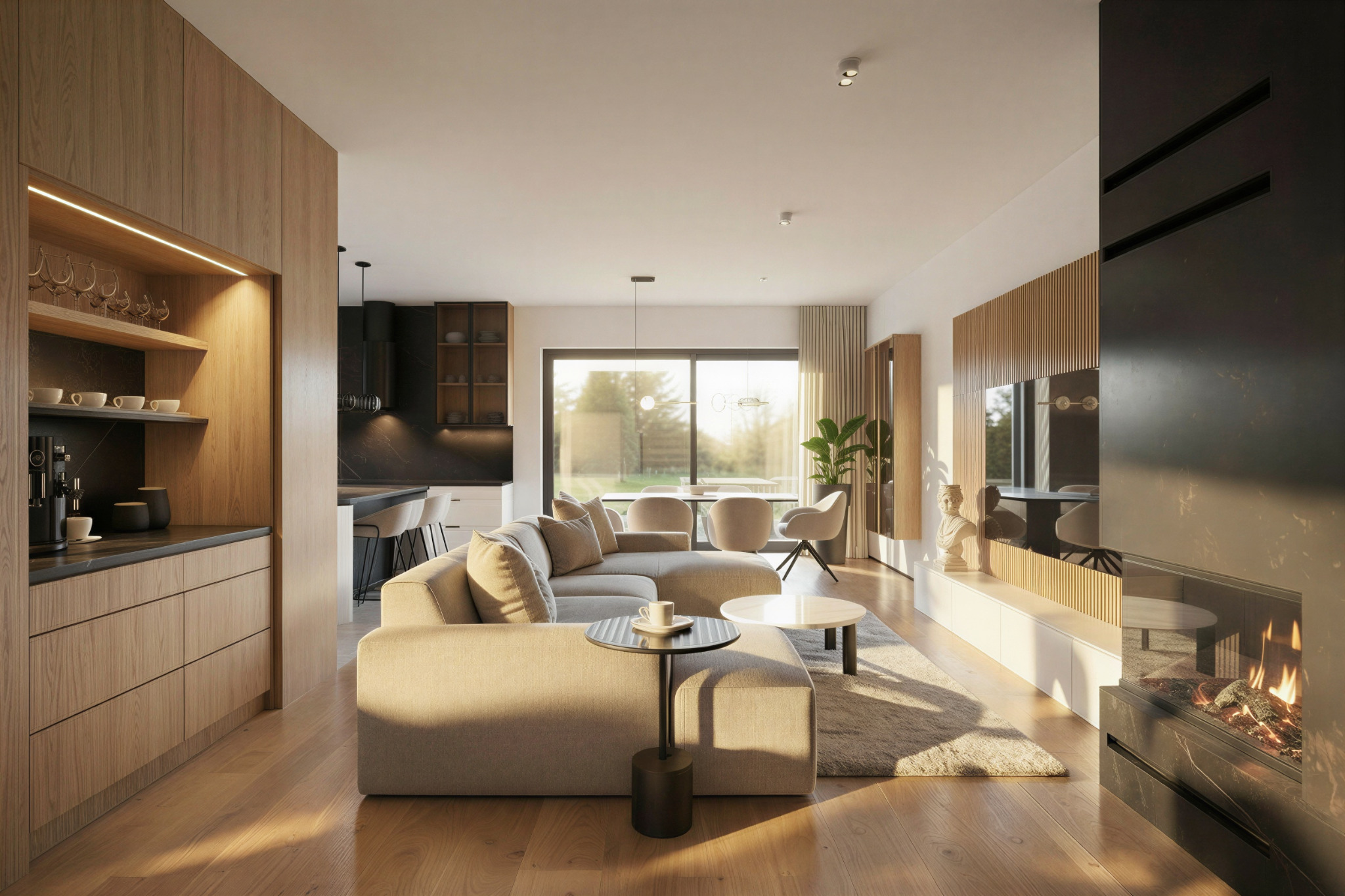 Jasne, przestronne wnętrze z drewnianymi akcentami: kuchnia z wyspą, salon z narożnikiem i kominkiem. Duże okno z widokiem na zieleń. Nowoczesny design.