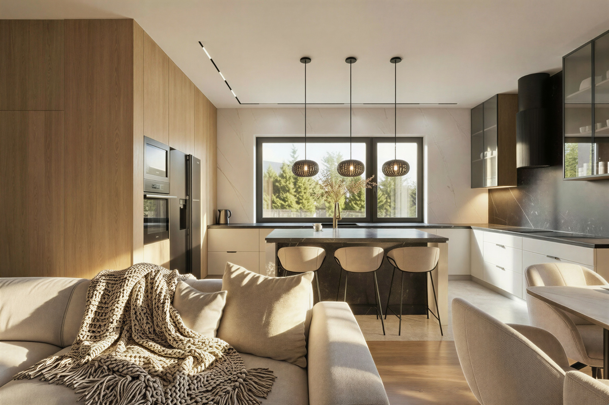 Nowoczesna kuchnia z wyspą i salonem w ciepłych barwach. Widok z kanapy na okno z widokiem na zieleń. Minimalistyczne lampy wiszące nad wyspą.