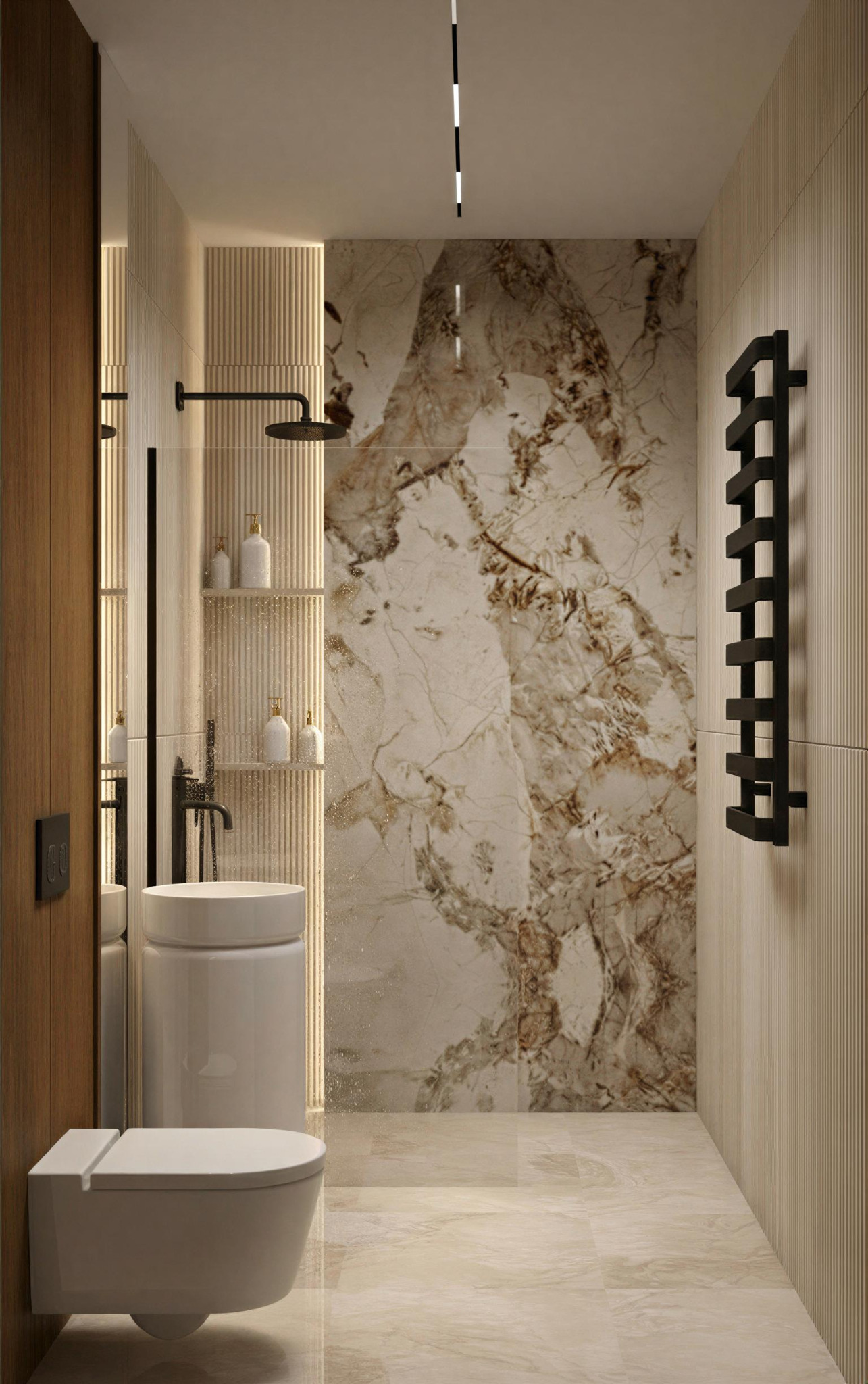Nowoczesna łazienka z marmurową ścianą, podwieszaną toaletą i grzejnikiem drabinkowym. Umywalka cylindryczna, oświetlenie LED. Minimalistyczny design.