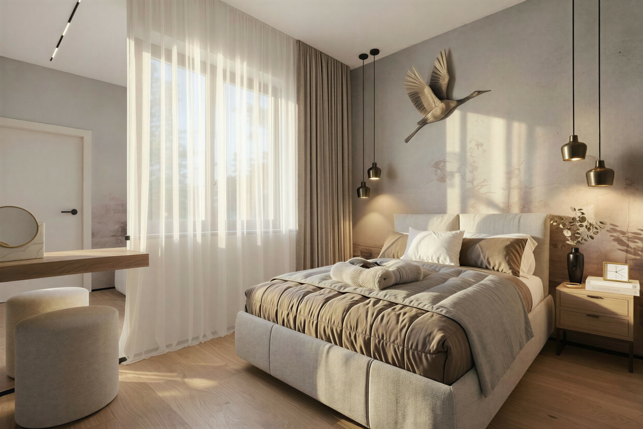 Jasna sypialnia z łóżkiem, stolikiem nocnym i toaletką. Na ścianie dekoracja w kształcie ptaka i lampy wiszące. Okno zasłonięte delikatnymi firanami.