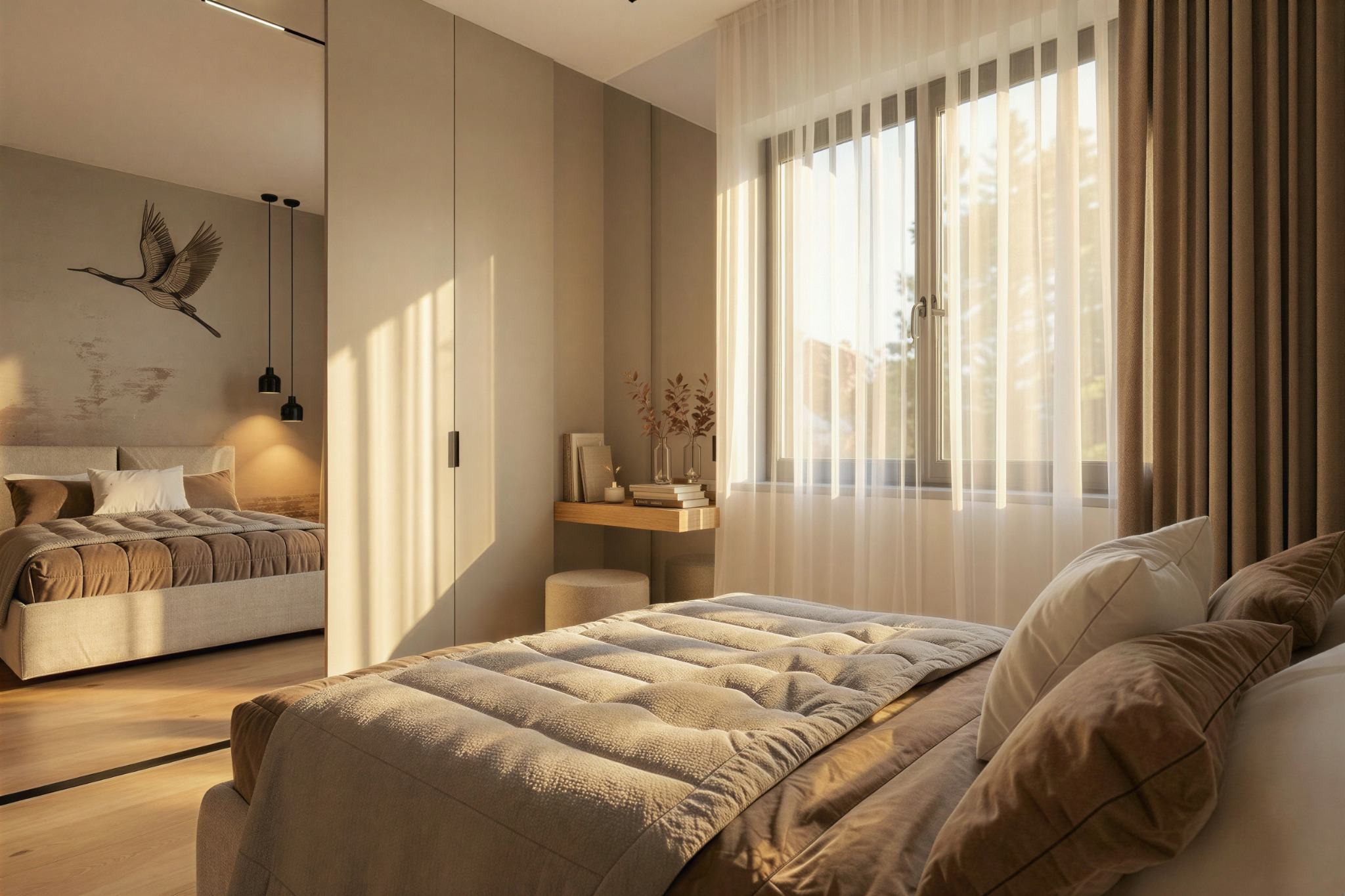 Jasna sypialnia z łóżkiem w beżach, widok na drugie łóżko w lustrze. Minimalistyczny design, naturalne światło przez okno z zasłonami.