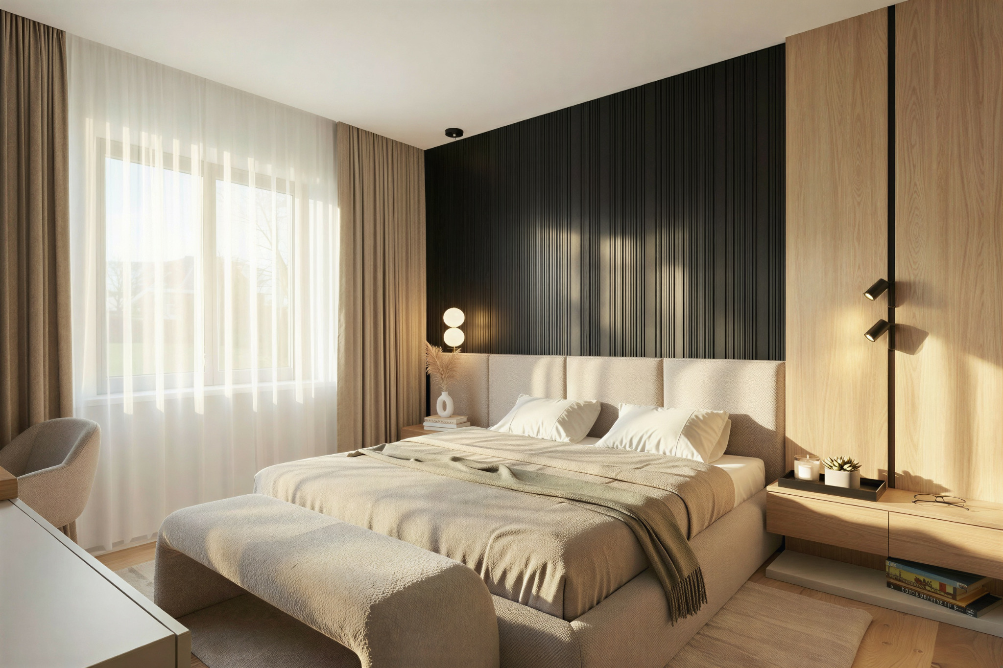 Nowoczesna sypialnia z beżowym łóżkiem, czarną ścianą z lameli i drewnianą szafką nocną z lampką. Stonowana kolorystyka i minimalistyczny design.
