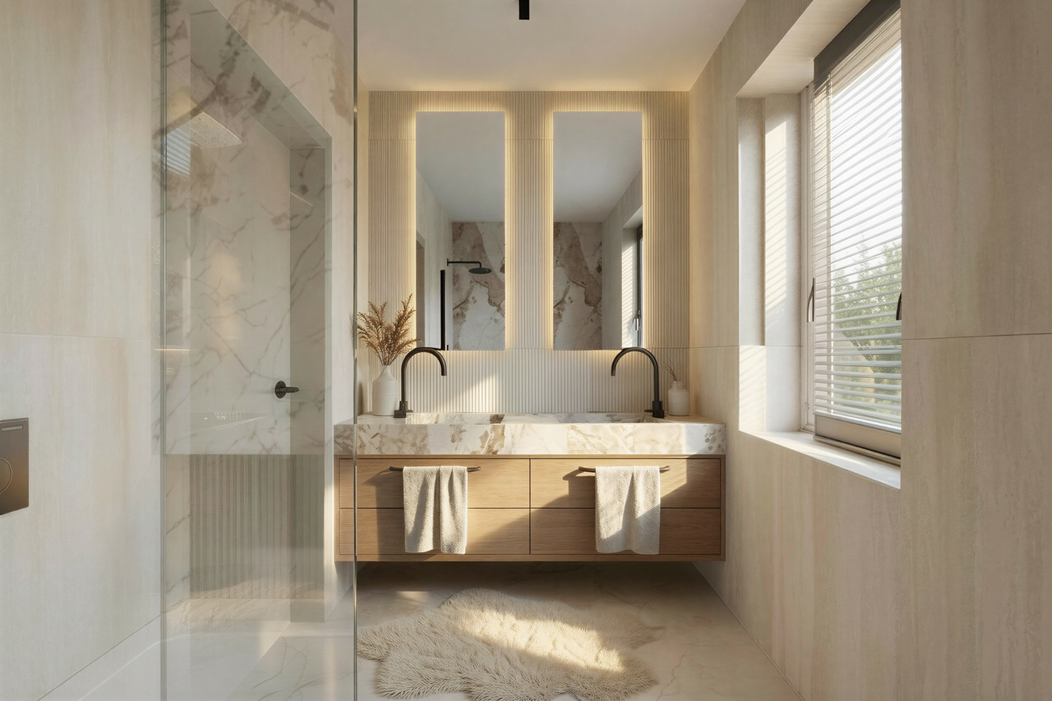 Jasna łazienka z marmurowymi akcentami: kabina prysznicowa ze szkła, podwójna umywalka z drewnianą szafką, dwa podświetlane lustra i okno z żaluzjami.