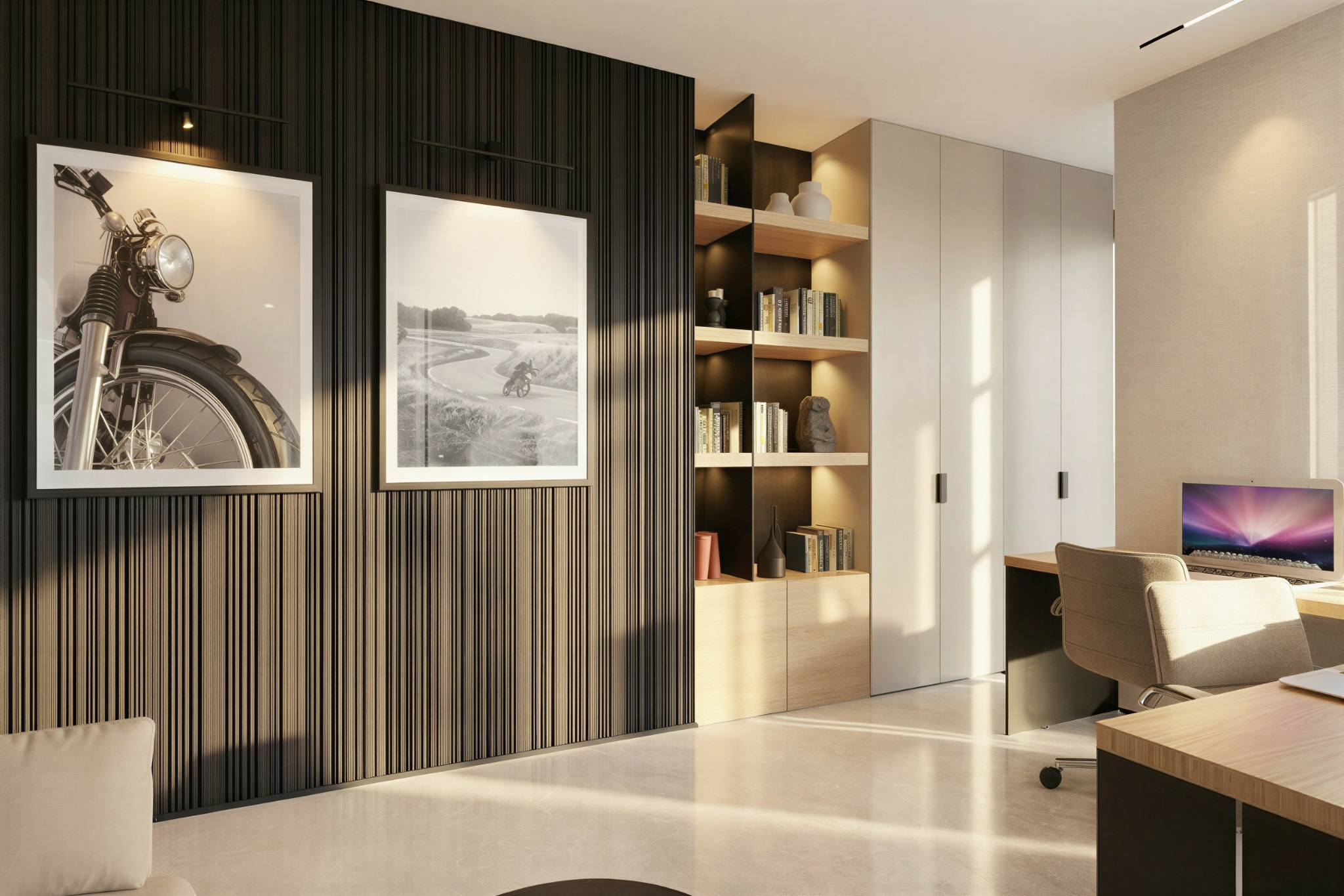 Nowoczesny gabinet z czarną ścianą z lameli, na której wiszą dwa czarno-białe zdjęcia. Obok regał z książkami i dekoracjami, a dalej biurko z laptopem.