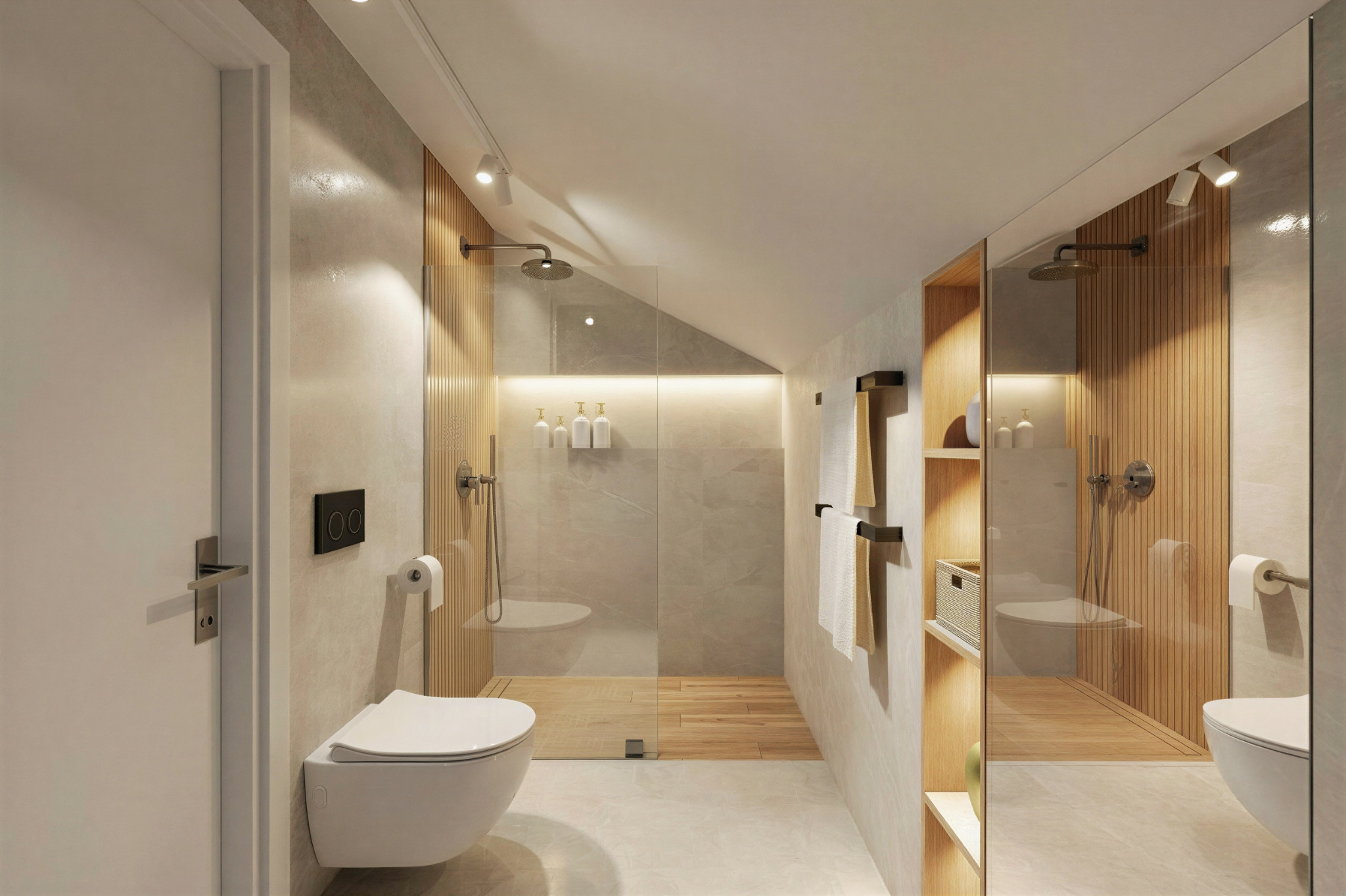 Nowoczesna łazienka z kabiną prysznicową typu walk-in, drewnianymi akcentami i podświetlanymi półkami. Uwagę zwraca minimalistyczna toaleta podwieszana i oświetlenie punktowe.