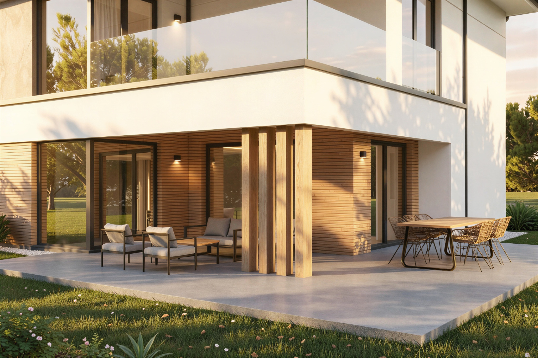 Nowoczesny dom z tarasem: drewniana elewacja, szklane balustrady, minimalistyczne meble ogrodowe i starannie utrzymany trawnik. Architektura w harmonii z naturą.