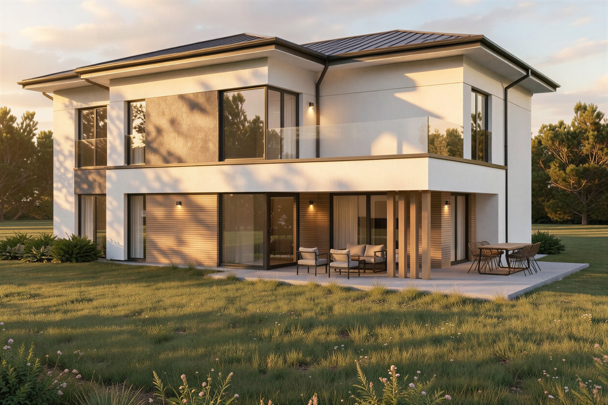 Dwukondygnacyjny dom z płaskim dachem, białą elewacją i drewnianymi akcentami. Widoczny taras z meblami ogrodowymi i zadbany trawnik. Nowoczesny design.