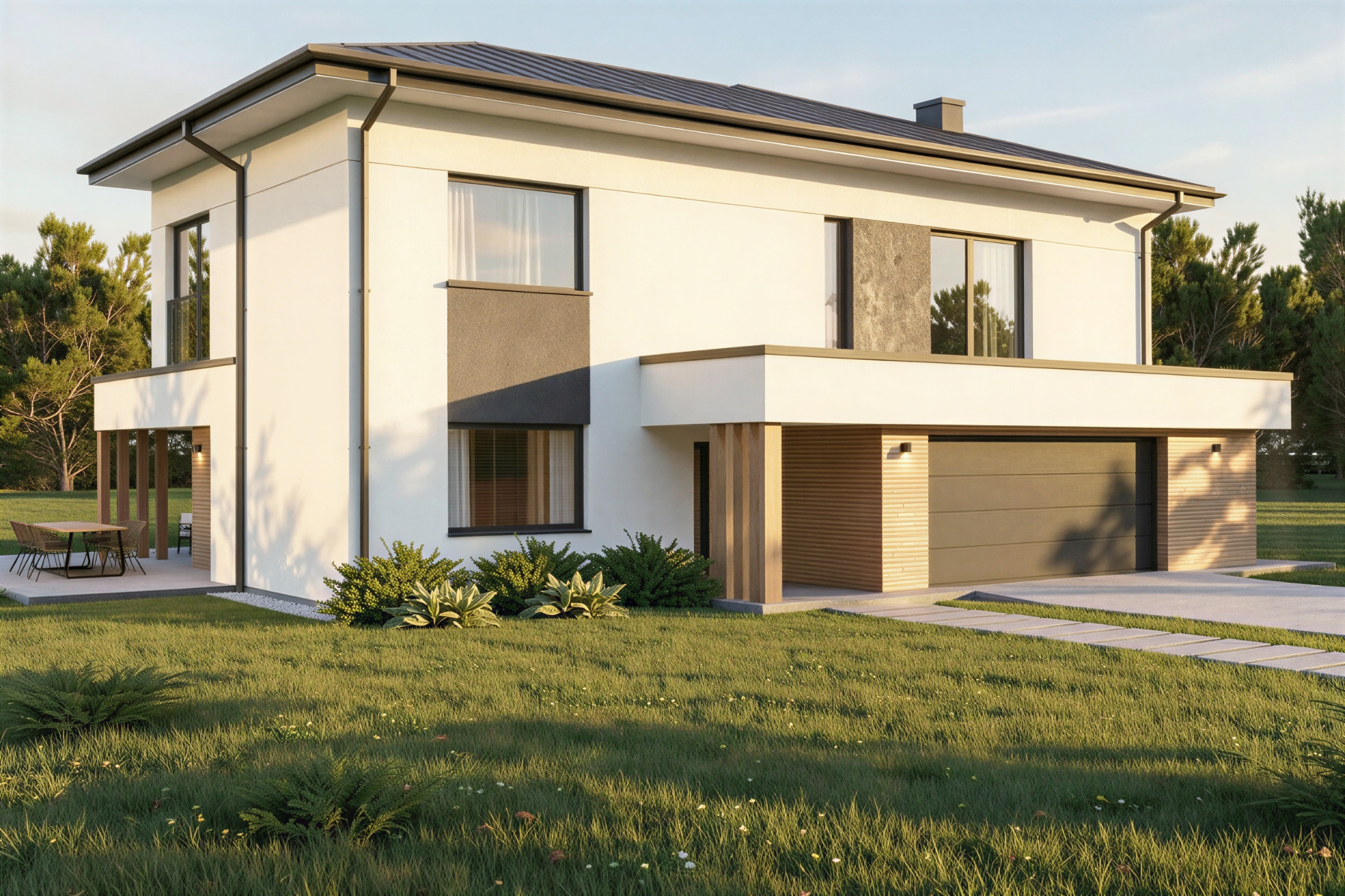 Nowoczesny dom jednorodzinny z garażem, wykończony w bieli i szarości, z elementami drewnianymi. Widok z ogrodu, w tle drzewa.