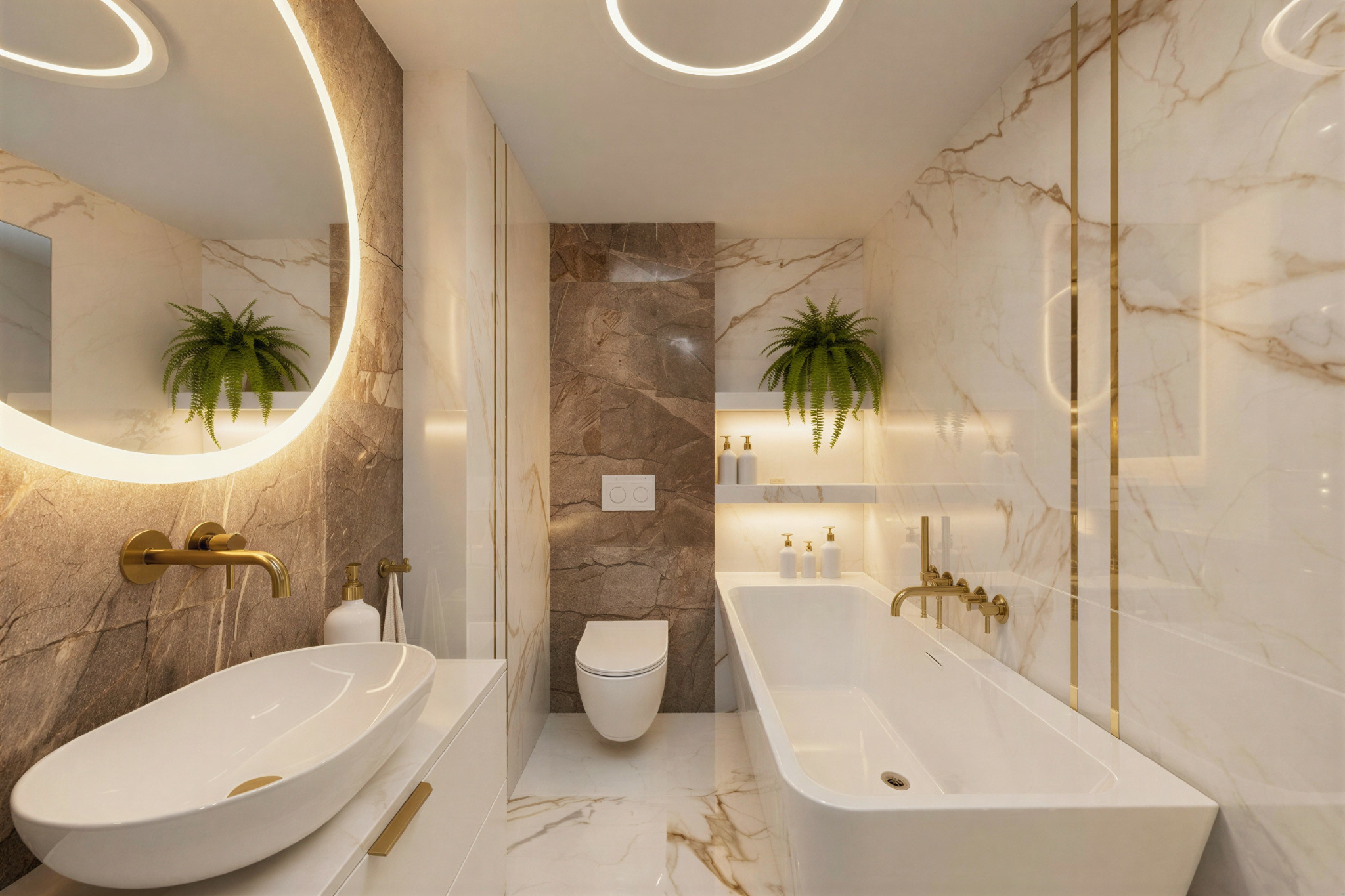Elegancka łazienka z marmurowymi ścianami, owalnym lustrem z podświetleniem LED, białą umywalką i wanną. Złote akcenty armatury i dekoracji. Rośliny doniczkowe dodają świeżości.