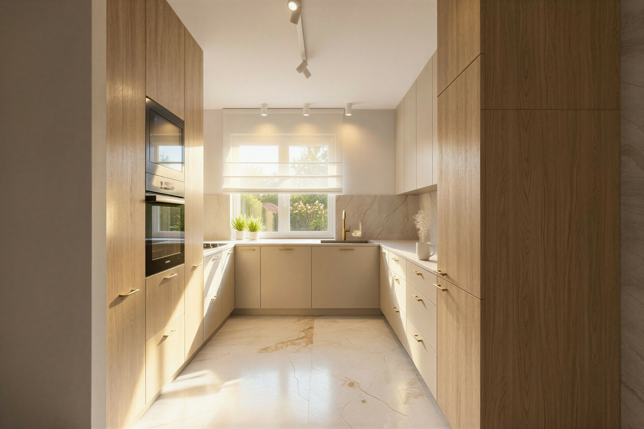 Jasna kuchnia w kształcie litery U z drewnianymi szafkami, marmurowym blatem i podłogą. Okno z widokiem na zieleń. Minimalistyczne oświetlenie punktowe.