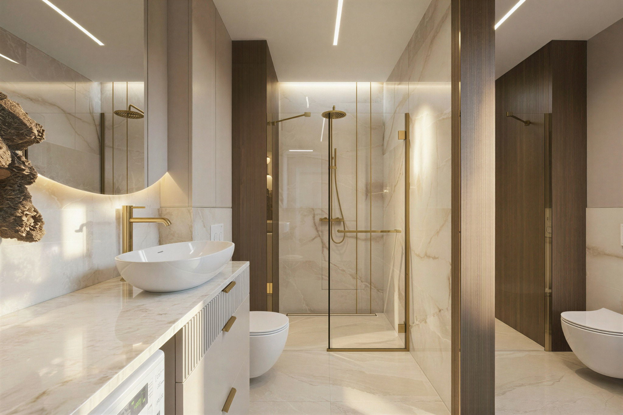 Elegancka łazienka z kabiną prysznicową typu walk-in, marmurowymi płytkami i złotymi akcentami. Umywalka nablatowa i oświetlenie LED dodają luksusowego charakteru.