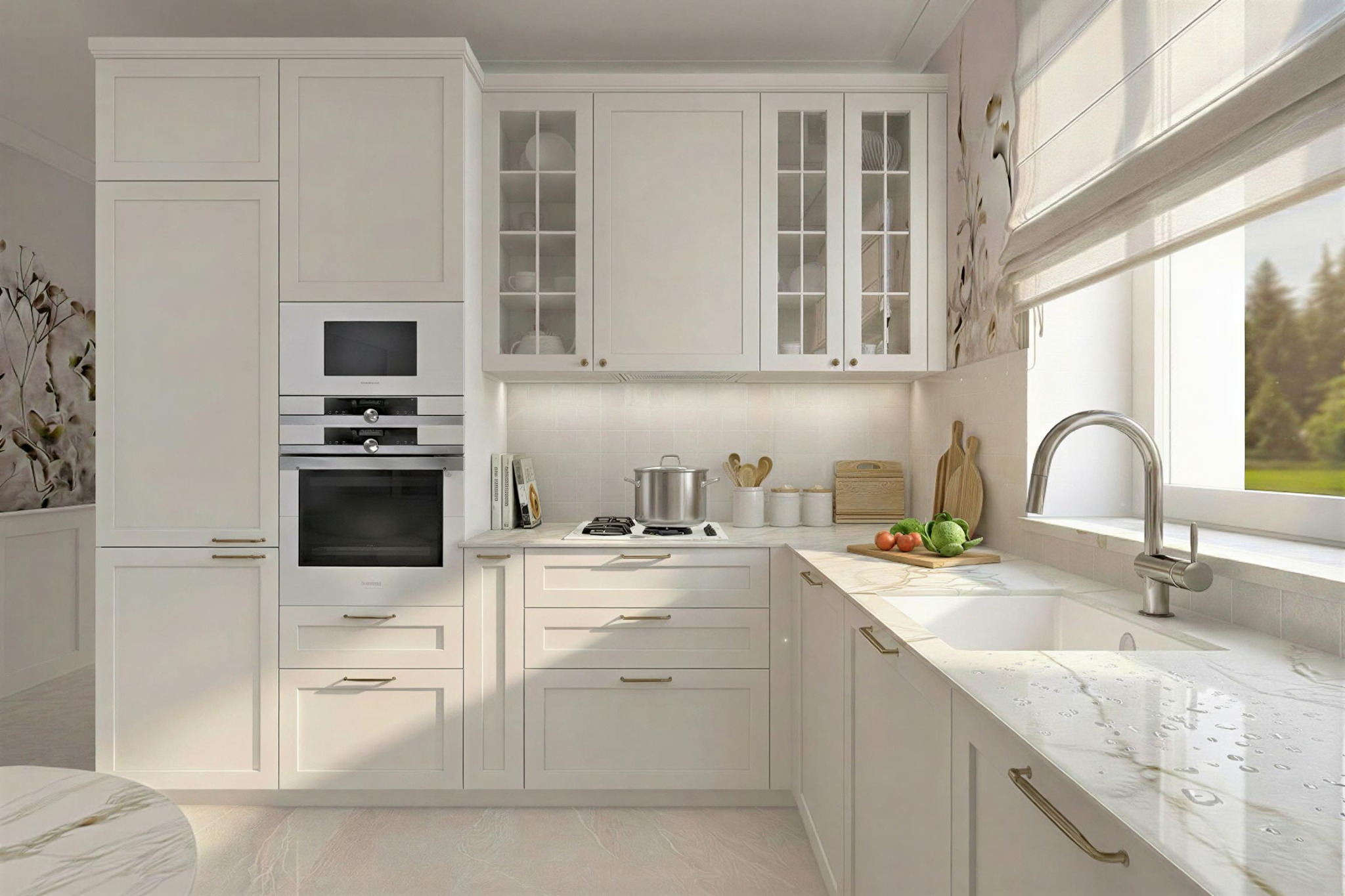 Jasna kuchnia w stylu klasycznym z białymi frontami, marmurowym blatem i oknem z widokiem na zieleń. Uwagę zwracają złote uchwyty i subtelny wzór na ścianie.