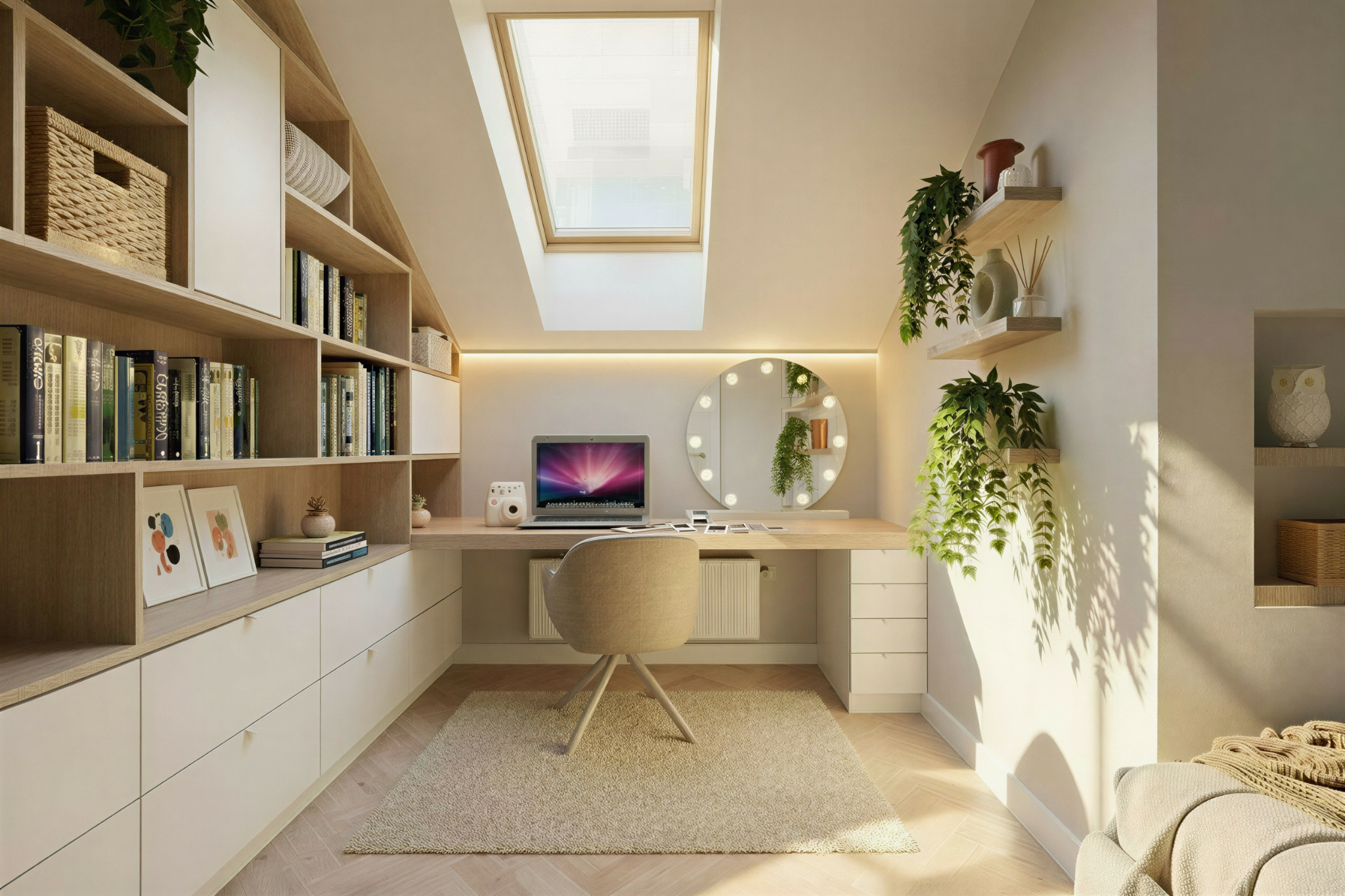 Jasne biuro w skandynawskim stylu na poddaszu z oknem dachowym, biurkiem, regałami i okrągłym lustrem z oświetleniem. Rośliny doniczkowe dodają przytulności.