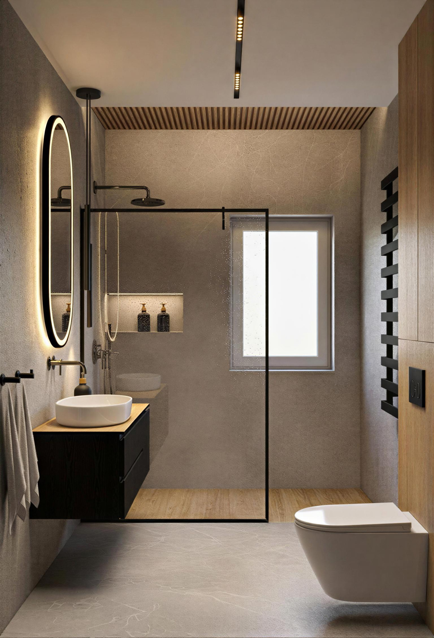 Nowoczesna łazienka z podświetlanym lustrem, kabiną prysznicową typu walk-in i drewnianymi akcentami na suficie. Minimalistyczny design, szara kolorystyka.