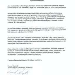 Lexy Event Agency - Skan dokumentu referencyjnego dla Lexy Event Agency, wystawionego przez Dom Weselny Rozmaryn, potwierdzającego profesjonalizm w animacji dla dzieci na imprezach.