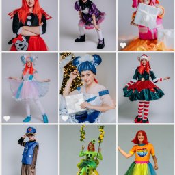 Lexy Event Agency - Kolaż dziewięciu zdjęć kobiety w różnorodnych, barwnych strojach karnawałowych, od Myszki Miki po elfa, na jednolitym tle, prezentujących ofertę strojów.