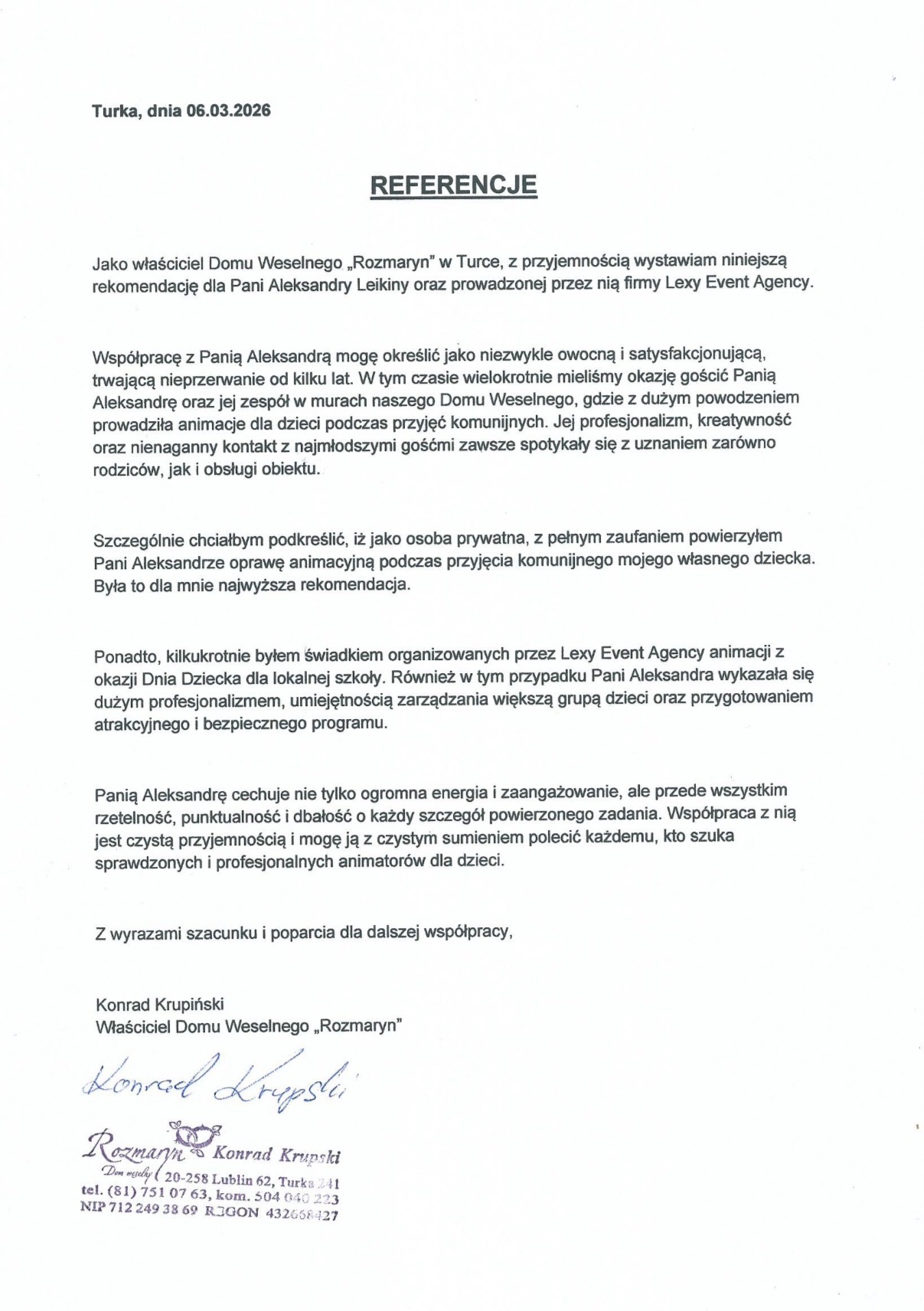 Skan dokumentu referencyjnego dla Lexy Event Agency, wystawionego przez Dom Weselny Rozmaryn, potwierdzającego profesjonalizm w animacji dla dzieci na imprezach.