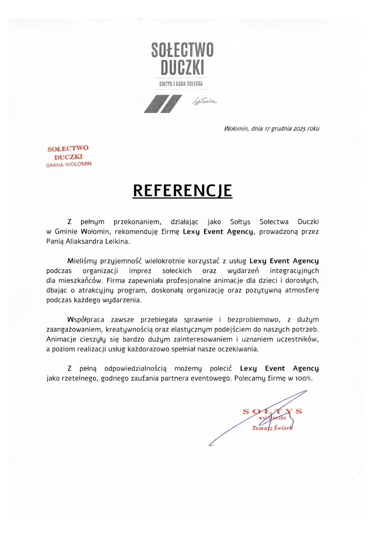 Dokument referencyjny dla Lexy Event Agency od Sołectwa Duczki, Gmina Wołomin. Pozytywna opinia o organizacji imprez i animacji dla dzieci i dorosłych.