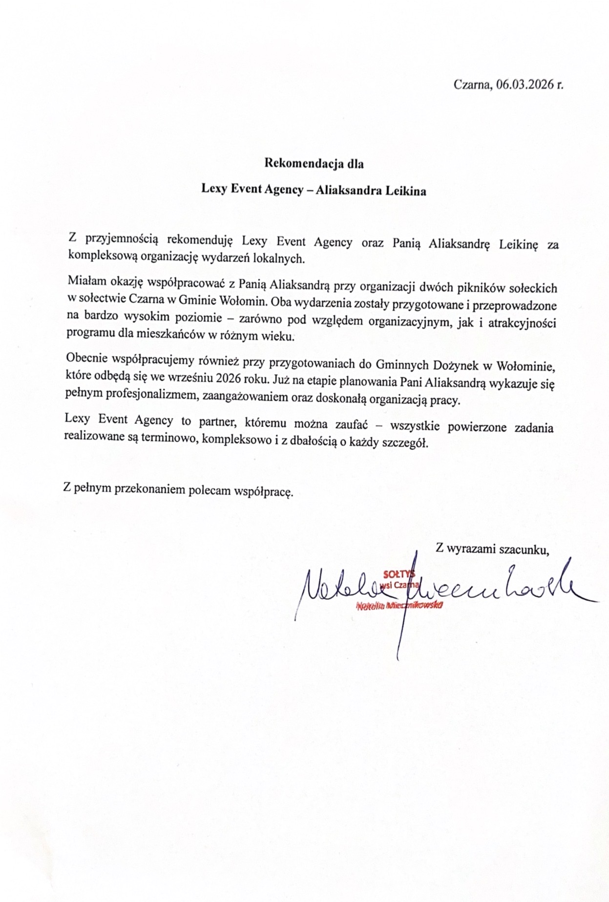 Skan rekomendacji dla Lexy Event Agency za organizację pikników i dożynek gminnych w Wołominie, podpisany przez sołtysa wsi Czarna, Natalię Miecznikowską.