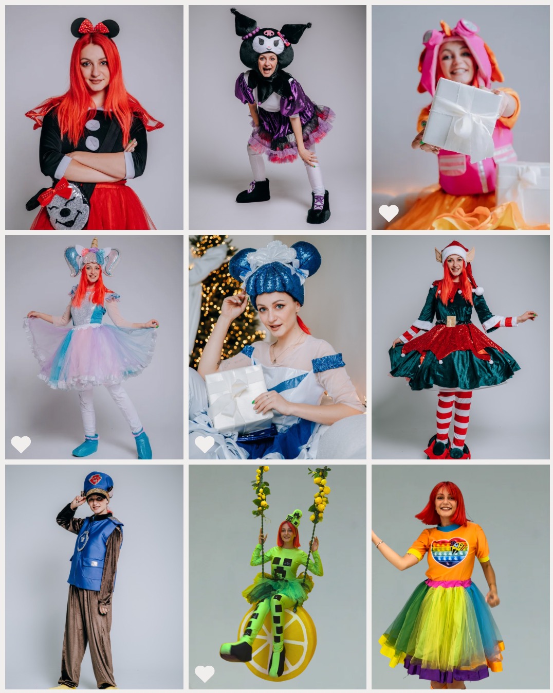 Kolaż dziewięciu zdjęć kobiety w różnorodnych, barwnych strojach karnawałowych, od Myszki Miki po elfa, na jednolitym tle, prezentujących ofertę strojów.