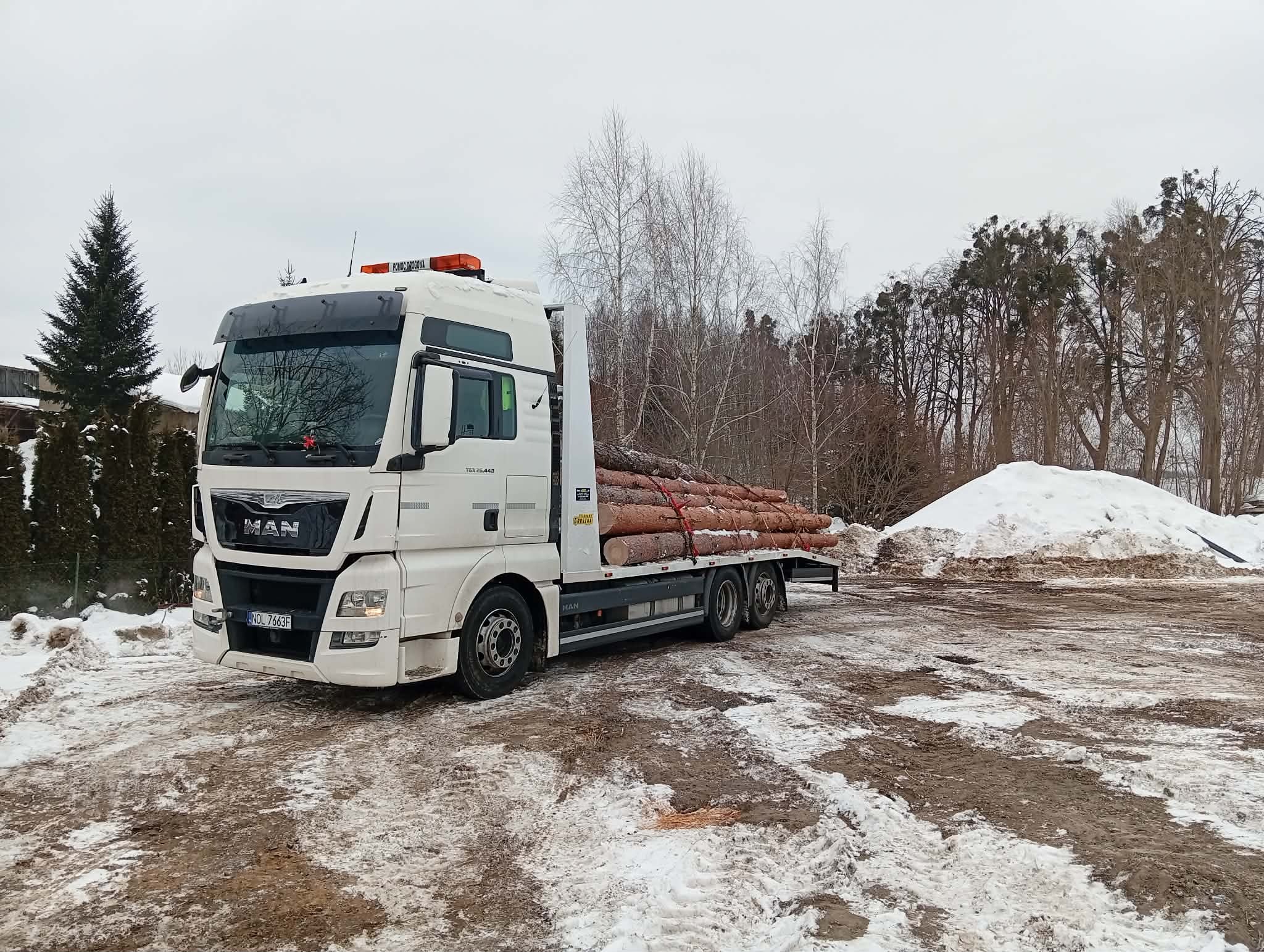 Biała ciężarówka MAN z pomarańczowym światłem ostrzegawczym przewozi ścięte pnie drzew na tle zimowego krajobrazu z drzewami i śniegiem.