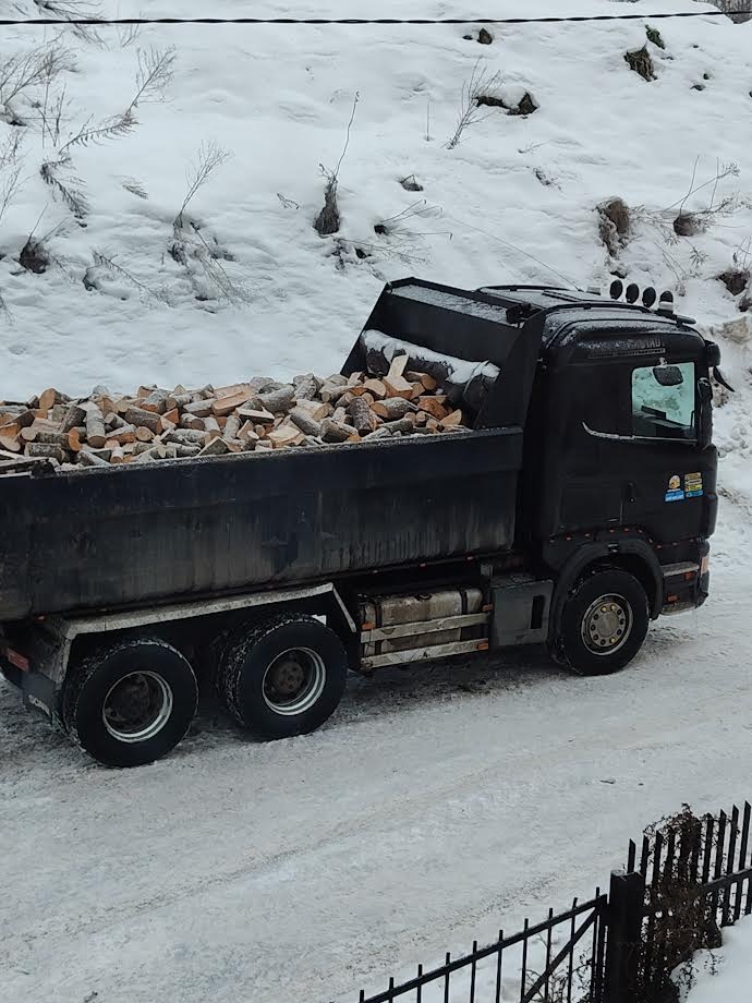 Czarna wywrotka Scania wypełniona pociętym drewnem na tle zaśnieżonego krajobrazu. Widoczne drzewa i krzewy pokryte śniegiem. Zima.