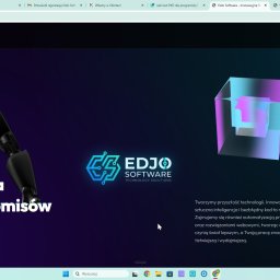 EdJo Software - Strona internetowa EdJo Software z robotem 3D i hasłem 'Technologia bez kompromisów'. Logo firmy w neonowych barwach. Minimalistyczny design.