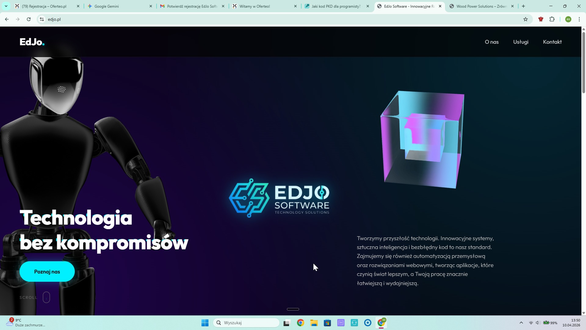 Strona internetowa EdJo Software z robotem 3D i hasłem 'Technologia bez kompromisów'. Logo firmy w neonowych barwach. Minimalistyczny design.