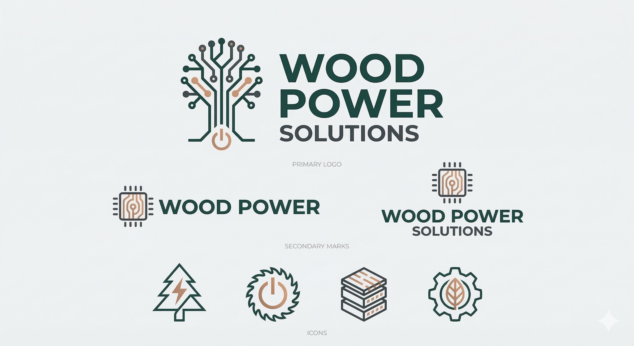 Zestaw minimalistycznych logo i ikon w odcieniach zieleni i beżu dla firmy Wood Power Solutions. Zawiera logo główne, znaki pomocnicze i ikony.