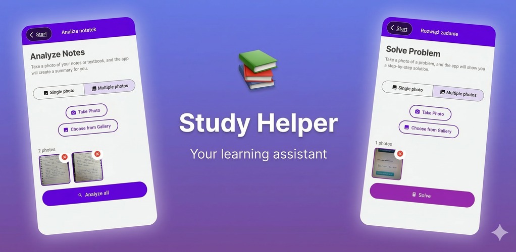 Ekran aplikacji Study Helper: analiza notatek i rozwiązywanie zadań. Interfejs z opcjami wyboru zdjęć, analizy i rozwiązywania problemów. Fioletowe akcenty, ikona stosu książek.