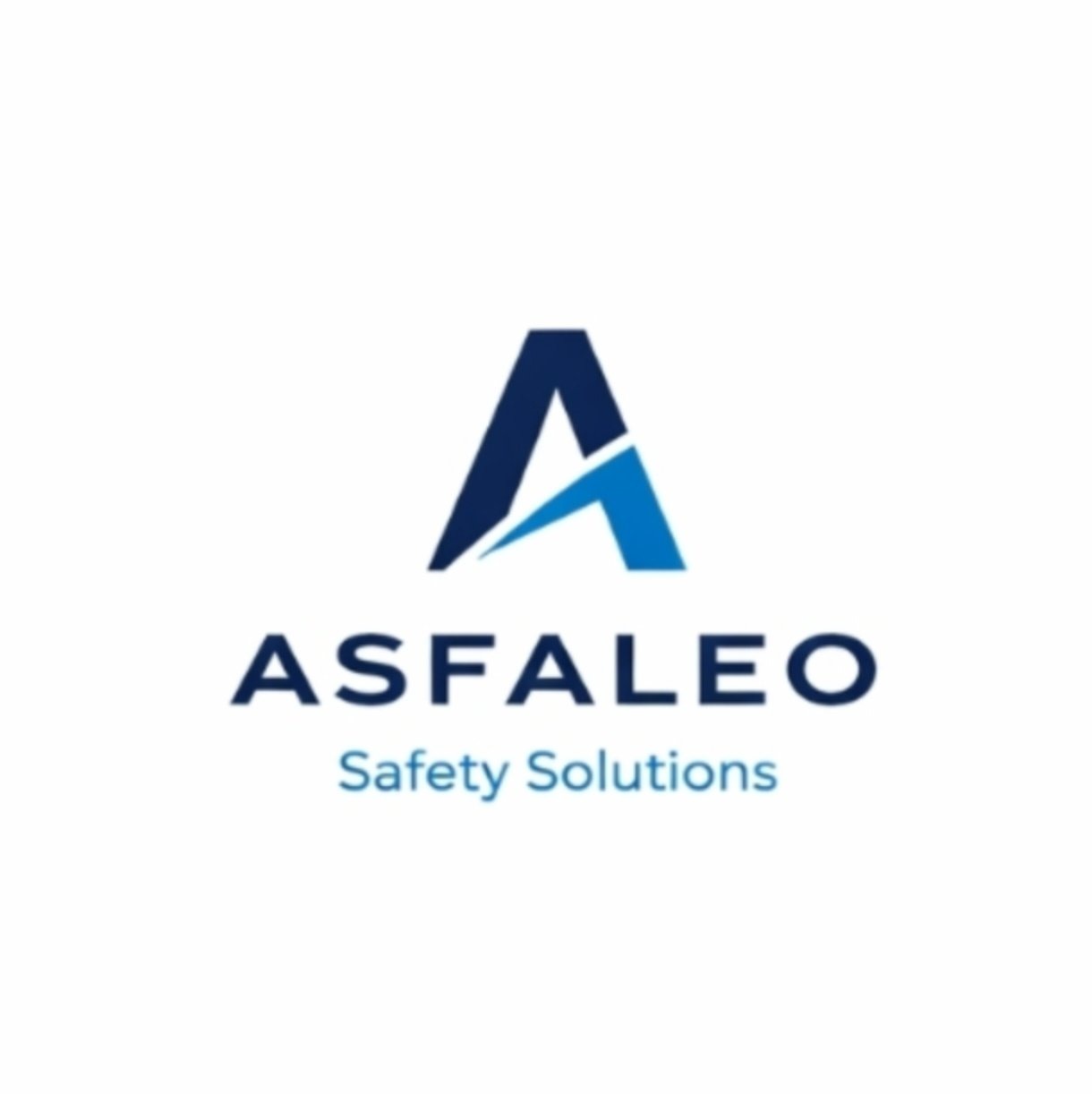 Logo firmy ASFALEO z niebieskim symbolem trójkąta i napisem 'Safety Solutions' na białym tle. Minimalistyczny design.