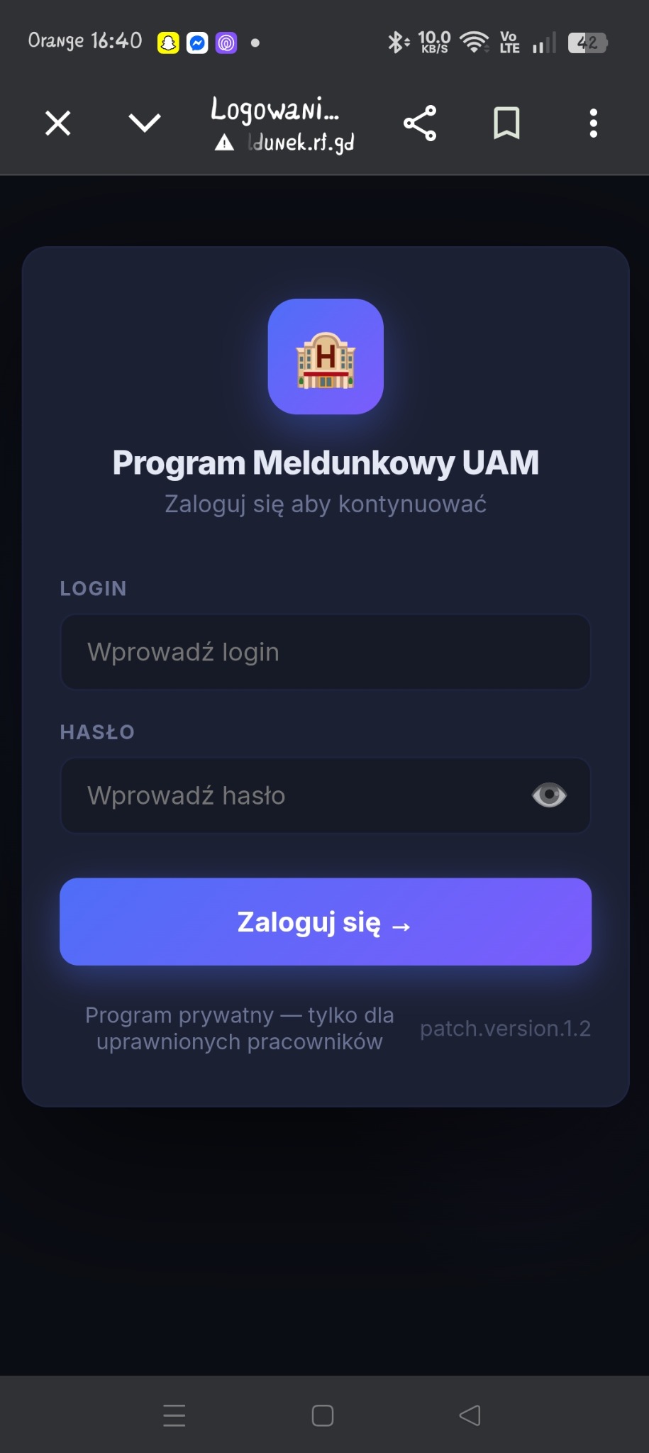 Strona meldunkowa dla uniwersytetu UAM w Kaliszu: Logowanie