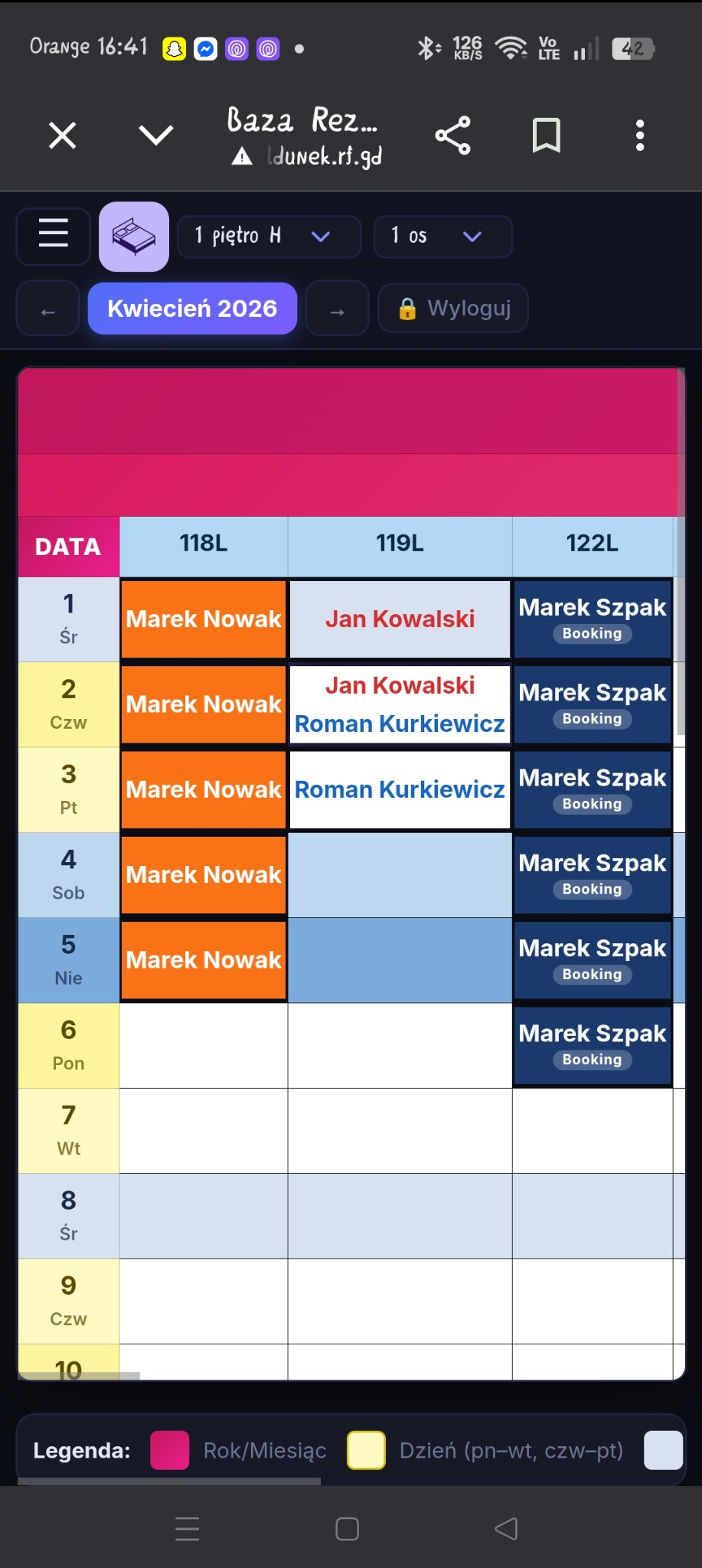 Strona meldunkowa dla uniwersytetu UAM w Kaliszu: Wgląd do bazy danych w formie tabelki Excel(DANE PRZYKŁADOWE)