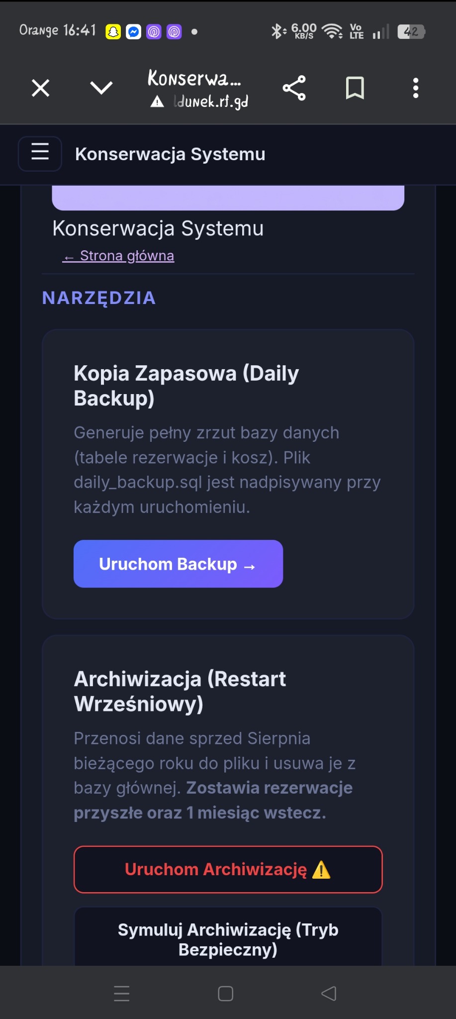 Strona meldunkowa dla uniwersytetu UAM w Kaliszu: Ręczne robienie backup oraz archiwizacji