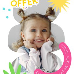 Oliwia Szafran Magiczne Chwile - Uśmiechnięta dziewczynka z blond włosami, grafika z napisem 'New Offer', 'Animacje i warsztaty 2026' oraz dekoracyjne elementy w kolorach żółtym, zielonym i niebieskim.