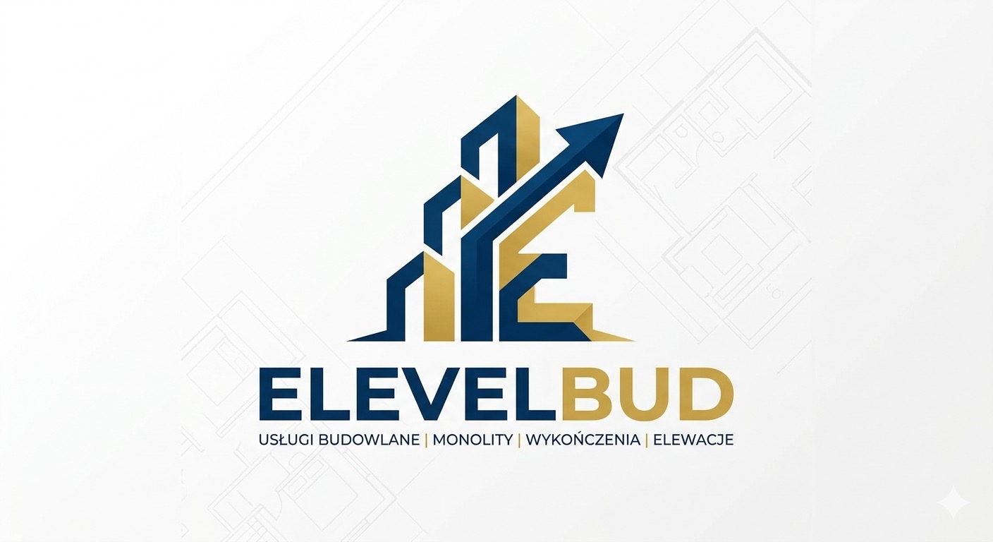 Logo firmy budowlanej ELEVELBUD z motywem strzałki i budynków w kolorach niebieskim i złotym, na tle z delikatnym rysunkiem planu architektonicznego.
