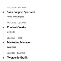 Ola Srocka - CV/Résumé z chronologią doświadczenia zawodowego: Sales Support Specialist, Content Creator, Marketing Manager, Tworzenie Grafik. Minimalistyczny design, niebieskie akcenty.