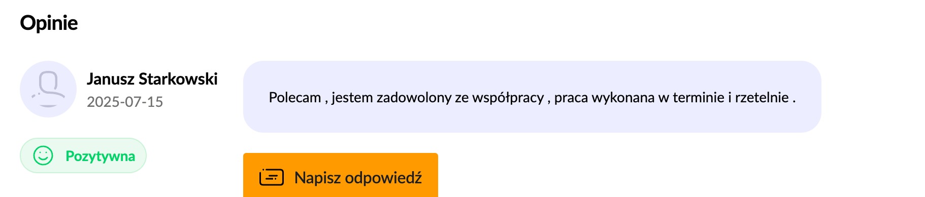 Pozytywna opinia klienta: 'Polecam, jestem zadowolony ze współpracy, praca wykonana w terminie i rzetelnie.' z datą 2025-07-15 i przyciskiem 'Napisz odpowiedź'.