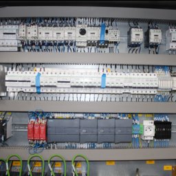 J&M Professional Małgorzata Antyga - Rozdzielnica elektryczna z okablowaniem w Jastrzębiu-Zdroju. Widoczne zabezpieczenia, styczniki i moduły sterujące. Profesjonalny montaż i uporządkowane przewody.