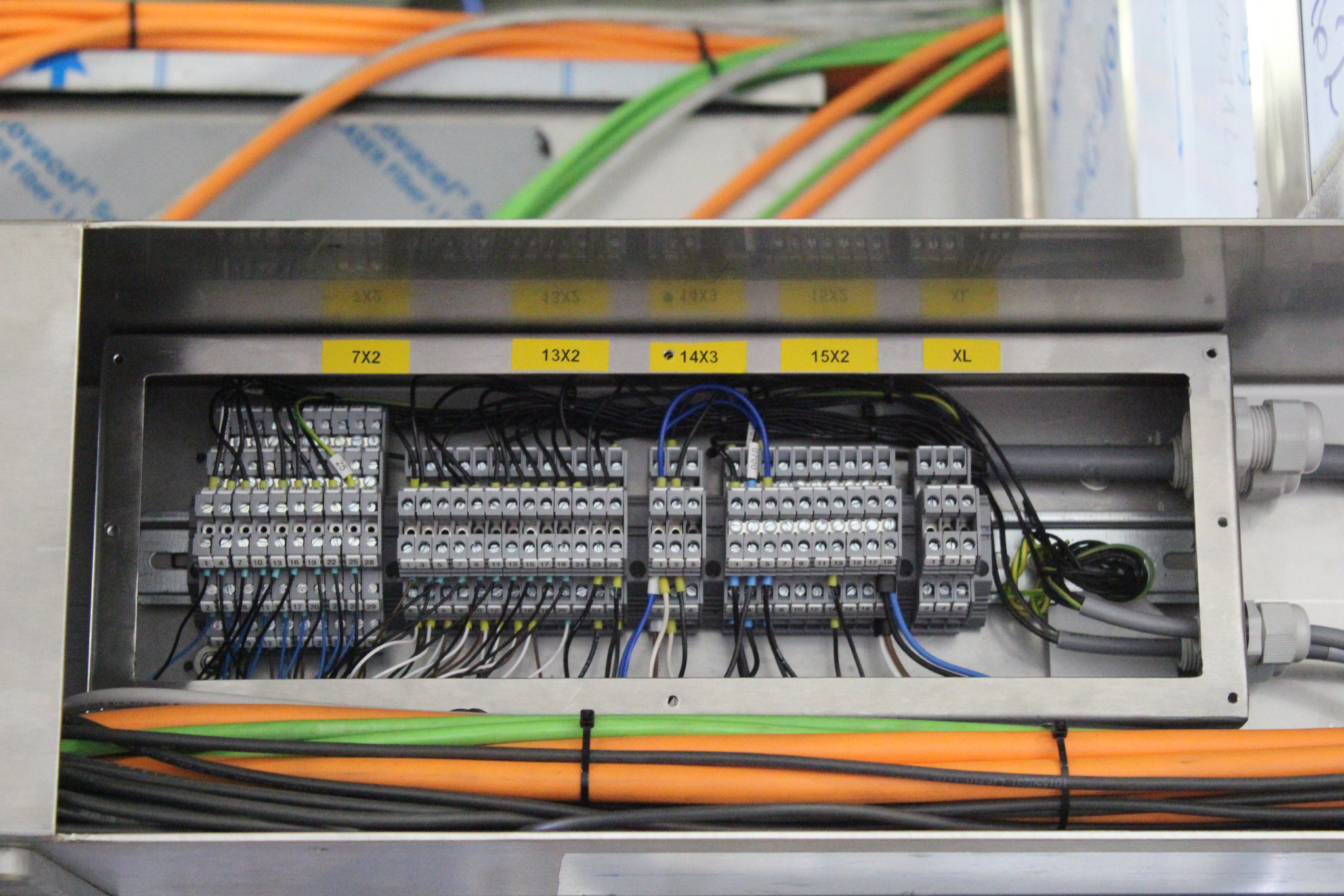 Szafa sterownicza z widocznymi listwami zaciskowymi i podłączonymi przewodami w różnych kolorach. Na górze i dole widoczne kable w peszlach.