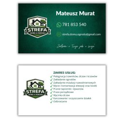 Strefa Domu & Ogrodu Mateusz Murat - Wizytówka firmy 'Strefa Domu i Ogrodu' z zakresem usług: pielęgnacja trawników, zakładanie ogrodów, wycinka drzew, pranie tapicerek i dywanów, prace porządkowe.