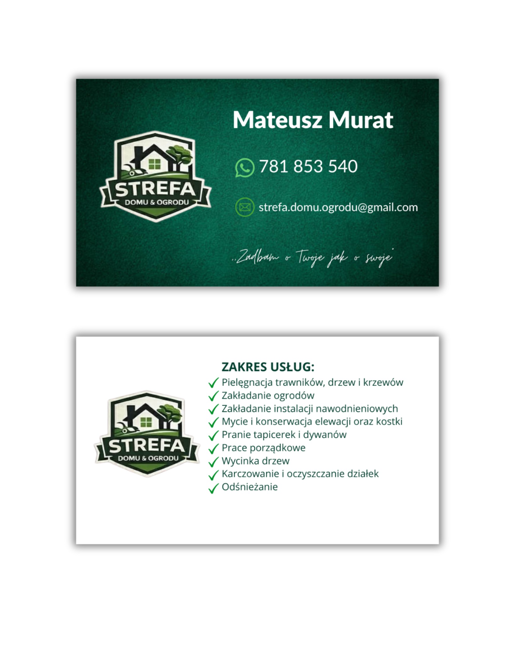 Wizytówka firmy 'Strefa Domu i Ogrodu' z zakresem usług: pielęgnacja trawników, zakładanie ogrodów, wycinka drzew, pranie tapicerek i dywanów, prace porządkowe.