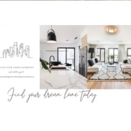 City View Nieruchomości - Agnieszka Sadowska - Nowoczesne wnętrze: salon z kuchnią w jasnych barwach, minimalistyczny design, marmurowy blat, czarne akcenty. Napis: Find your dream home today.