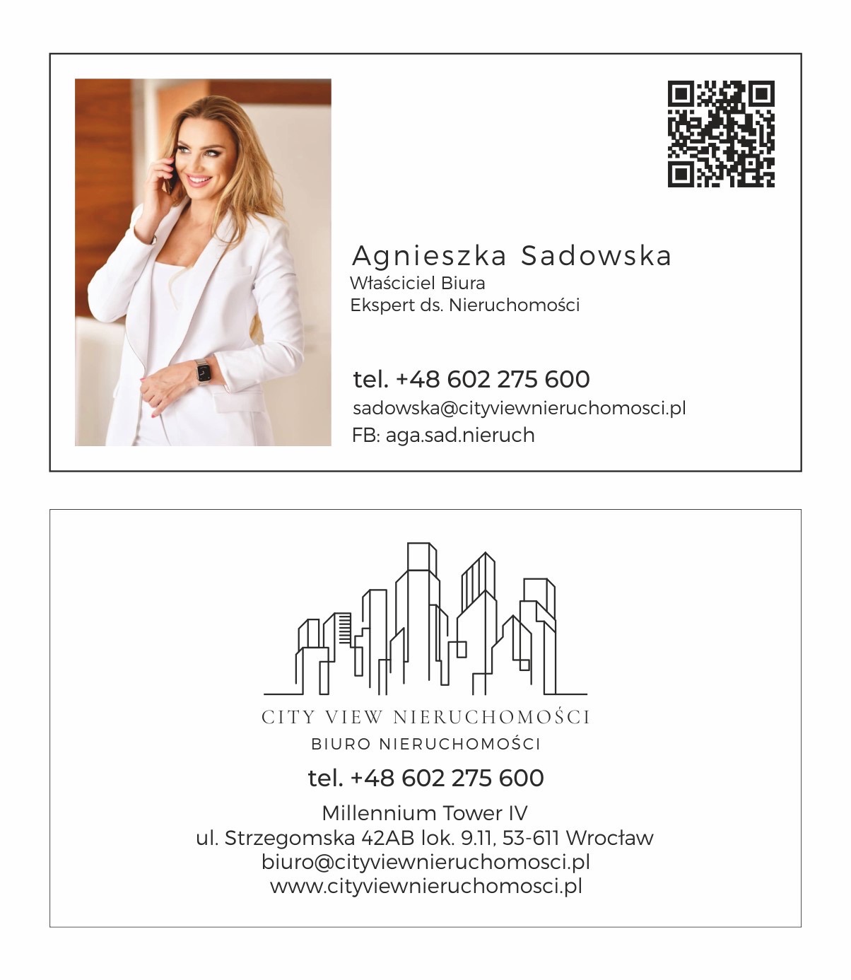 Wizytówka biura nieruchomości City View z portretem Agnieszki Sadowskiej, eksperta ds. nieruchomości, numerem telefonu i adresem biura w Millennium Tower IV.