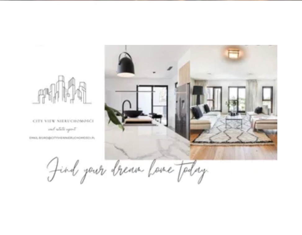 Nowoczesne wnętrze: salon z kuchnią w jasnych barwach, minimalistyczny design, marmurowy blat, czarne akcenty. Napis: Find your dream home today.