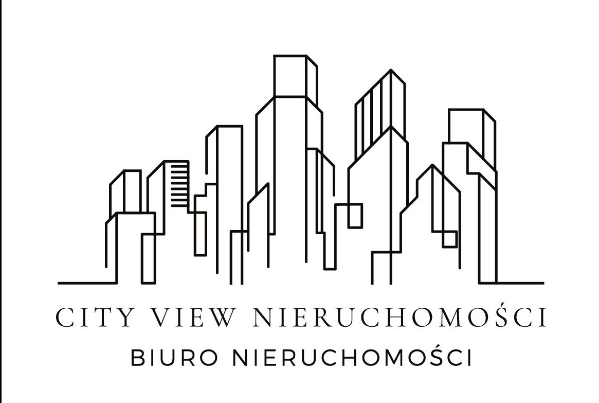 Minimalistyczny logotyp biura nieruchomości City View. Czarne kontury budynków na białym tle. Prosty, nowoczesny design.
