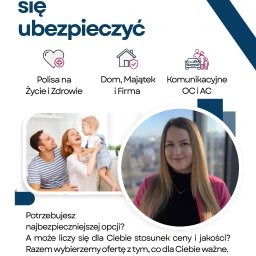 Mshow - Grafika Warta: polisy na życie, dom, OC/AC. Uśmiechnięta rodzina z dzieckiem i portret agentki na tle miasta. Zadzwoń po darmowe doradztwo.