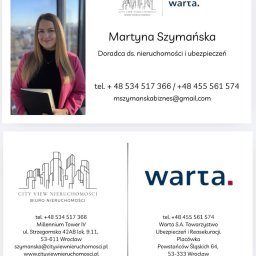 Mshow - Wizytówka Martyny Szymańskiej, doradcy ds. nieruchomości i ubezpieczeń, z logo City View Nieruchomości i Warta, numerami telefonów i adresem e-mail.